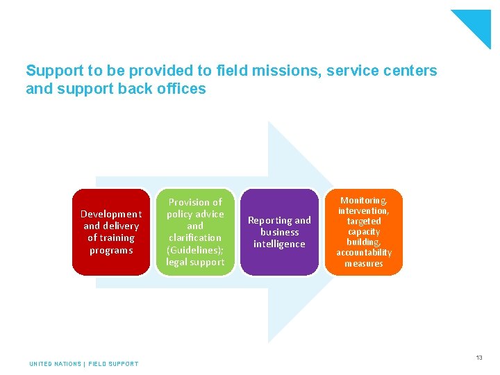 Support to be provided to field missions, service centers and support back offices Development