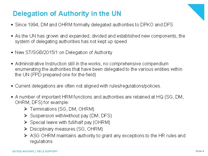 Delegation of Authority in the UN Since 1994, DM and OHRM formally delegated authorities