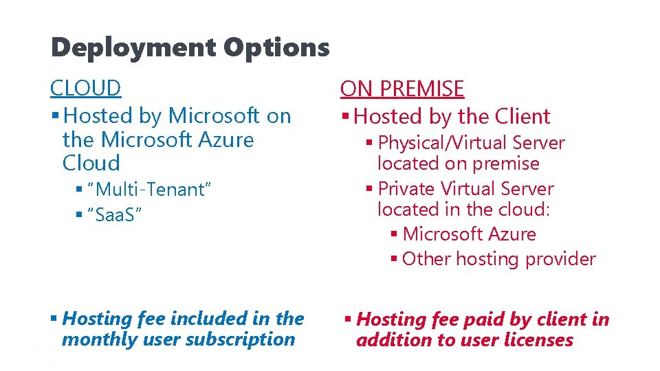 Deployment Options CLOUD § Hosted by Microsoft on the Microsoft Azure Cloud ON PREMISE