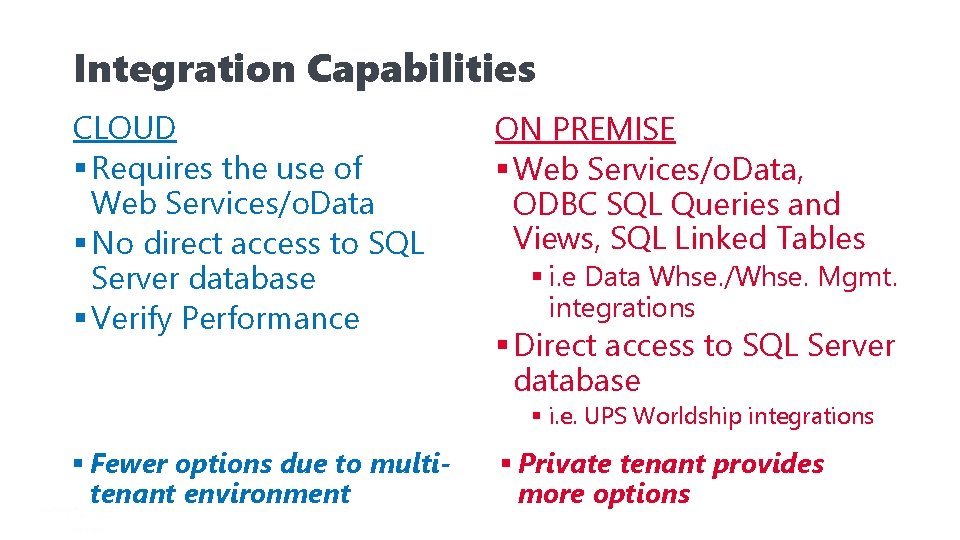 Integration Capabilities CLOUD § Requires the use of Web Services/o. Data § No direct