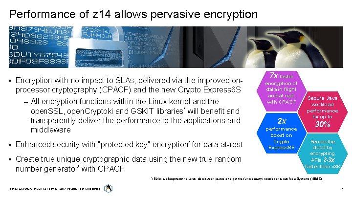 Performance of z 14 allows pervasive encryption § Encryption with no impact to SLAs,