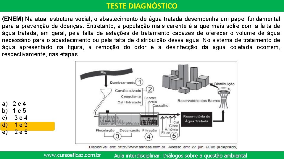 TESTE DIAGNÓSTICO (ENEM) Na atual estrutura social, o abastecimento de água tratada desempenha um