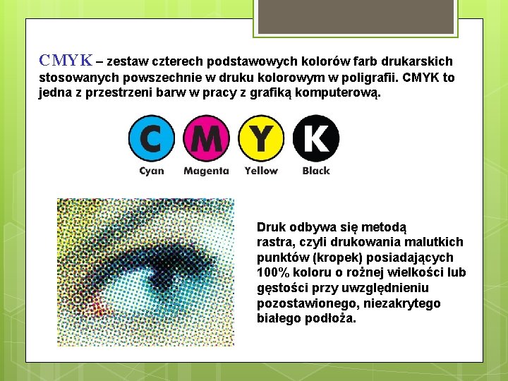 CMYK – zestaw czterech podstawowych kolorów farb drukarskich stosowanych powszechnie w druku kolorowym w