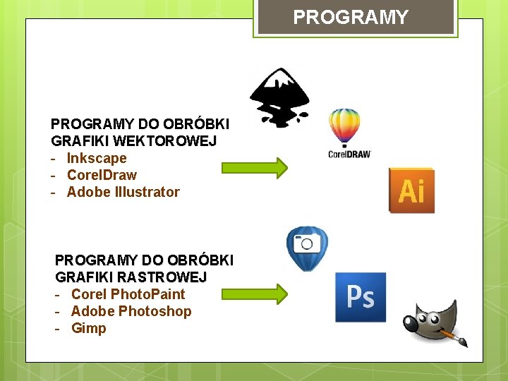 PROGRAMY DO OBRÓBKI GRAFIKI WEKTOROWEJ - Inkscape - Corel. Draw - Adobe Illustrator PROGRAMY