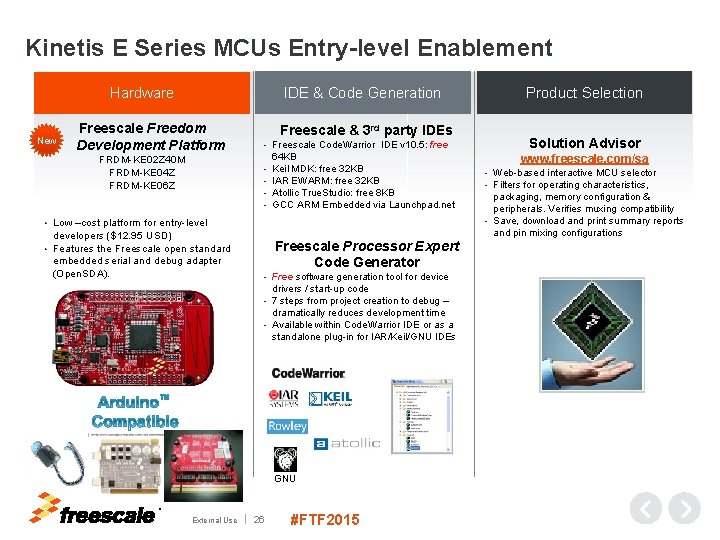 Kinetis E Series MCUs Entry-level Enablement IDE & Code Generation Hardware New Freescale Freedom