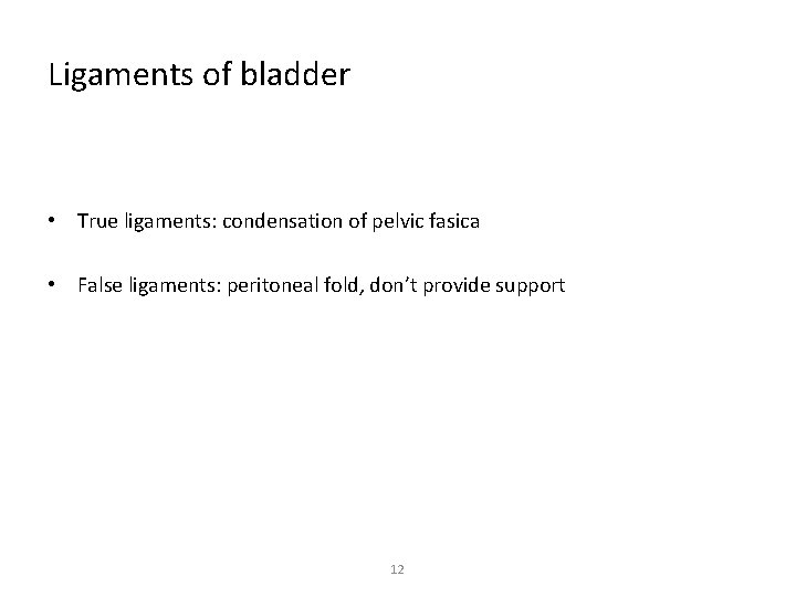 Ligaments of bladder • True ligaments: condensation of pelvic fasica • False ligaments: peritoneal