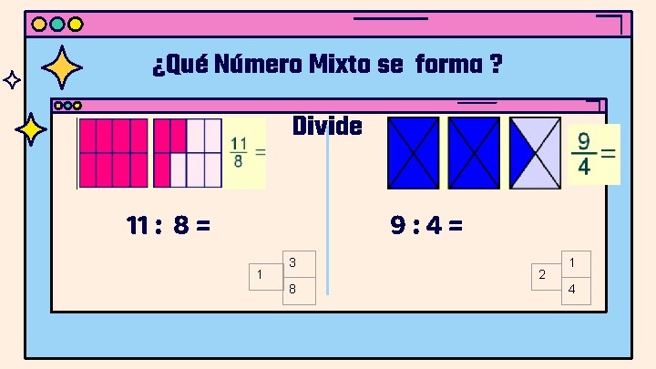 ¿Qué Número Mixto se forma ? Divide 11 : 8 = 9: 4= 1
