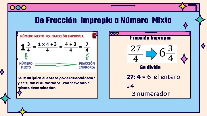 De Fracción Impropia a Número Mixto Fracción Impropia Se divide Se Multiplica el entero