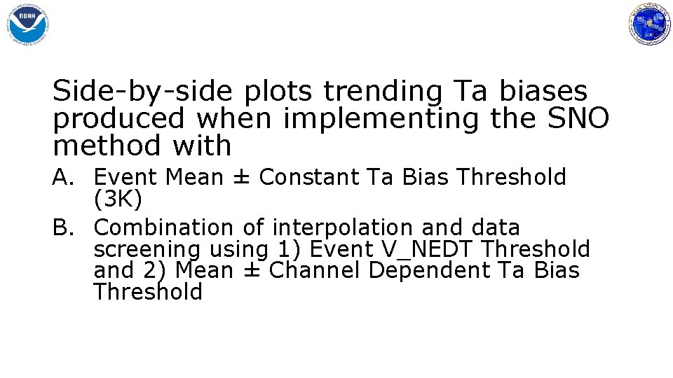 Side-by-side plots trending Ta biases produced when implementing the SNO method with A. Event