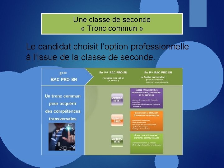 Une classe de seconde « Tronc commun » Le candidat choisit l’option professionnelle à