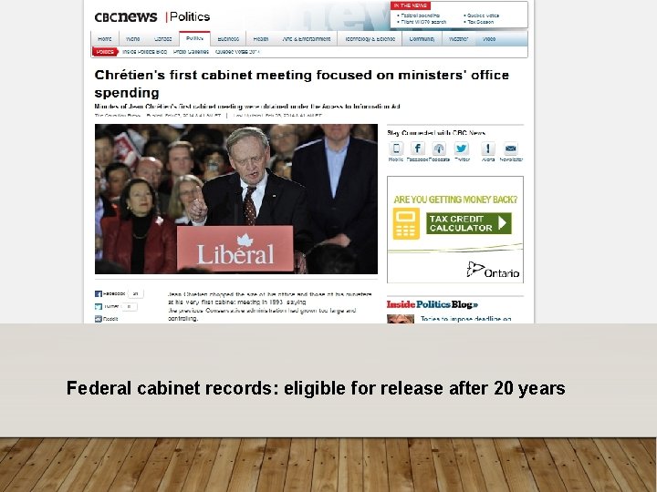 Federal cabinet records: eligible for release after 20 years 