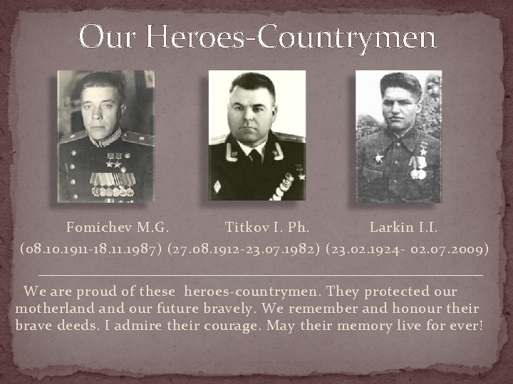 Our Heroes-Countrymen Fomichev M. G. Titkov I. Ph. Larkin I. I. (08. 10. 1911