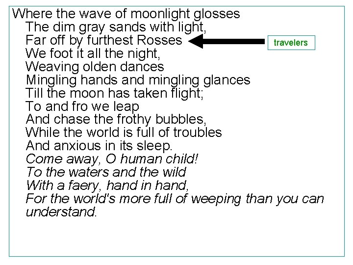 Where the wave of moonlight glosses The dim gray sands with light, Far off