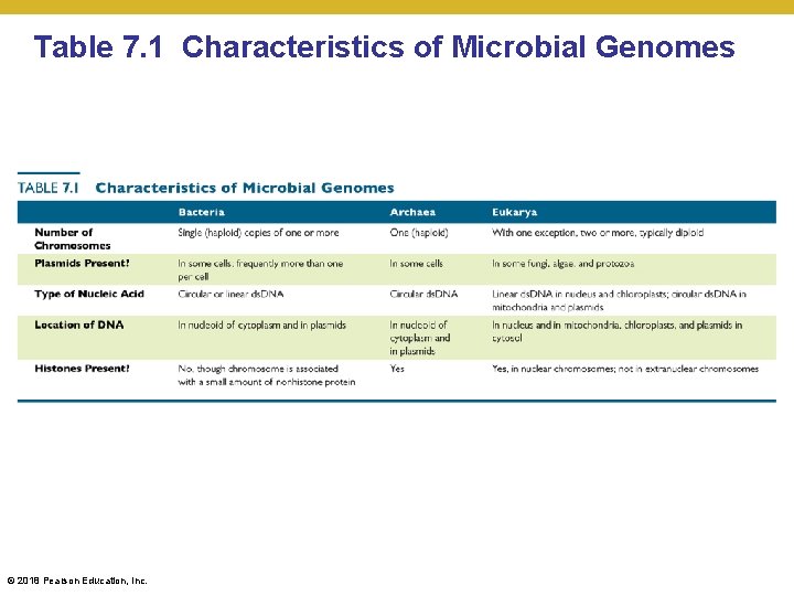 Table 7. 1 Characteristics of Microbial Genomes © 2018 Pearson Education, Inc. 