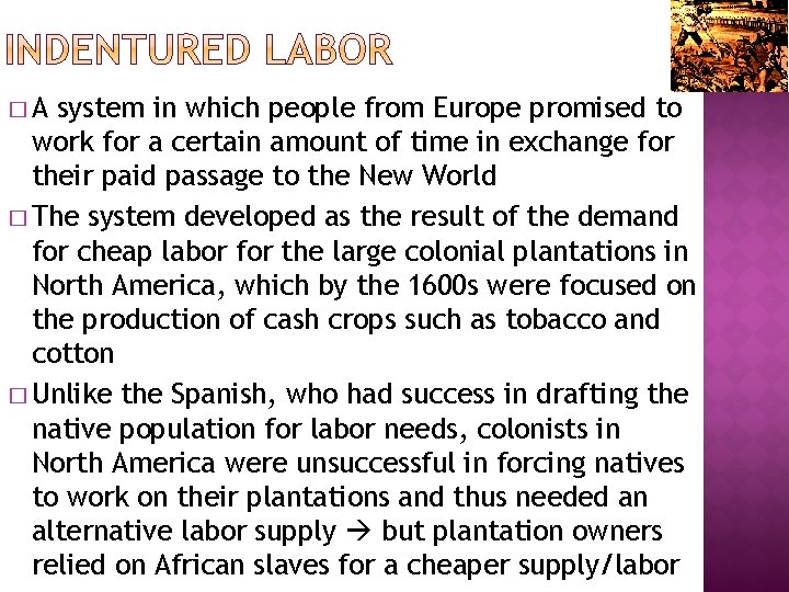 �A system in which people from Europe promised to work for a certain amount