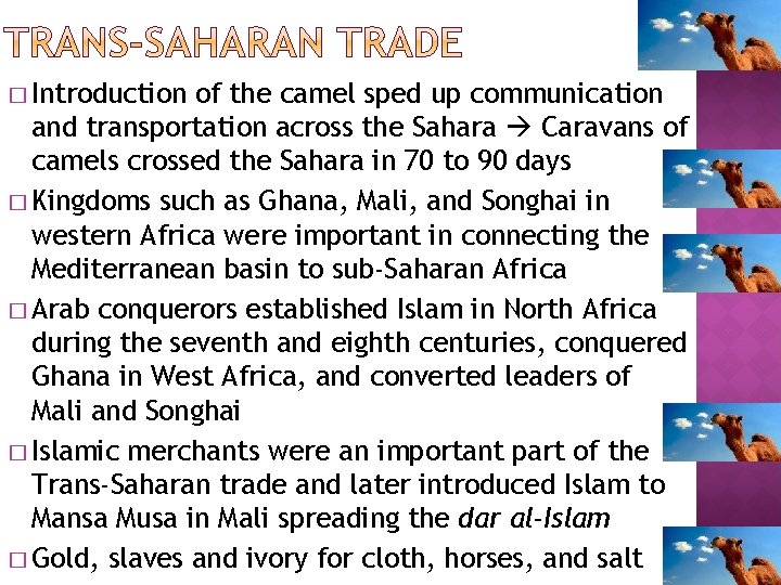 � Introduction of the camel sped up communication and transportation across the Sahara Caravans