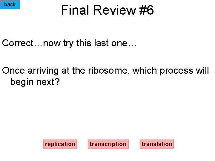 back Final Review #6 Correct…now try this last one… Once arriving at the ribosome,