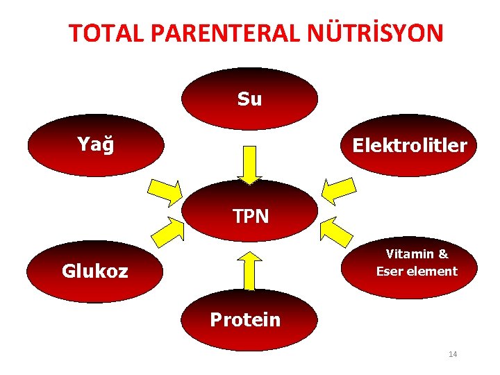 TOTAL PARENTERAL NÜTRİSYON Su Yağ Elektrolitler TPN Vitamin & Eser element Glukoz Protein 14