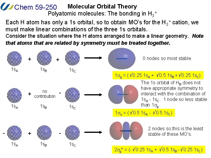 Molecular Orbital Theory Polyatomic molecules: The bonding in H 3+ Each H atom has