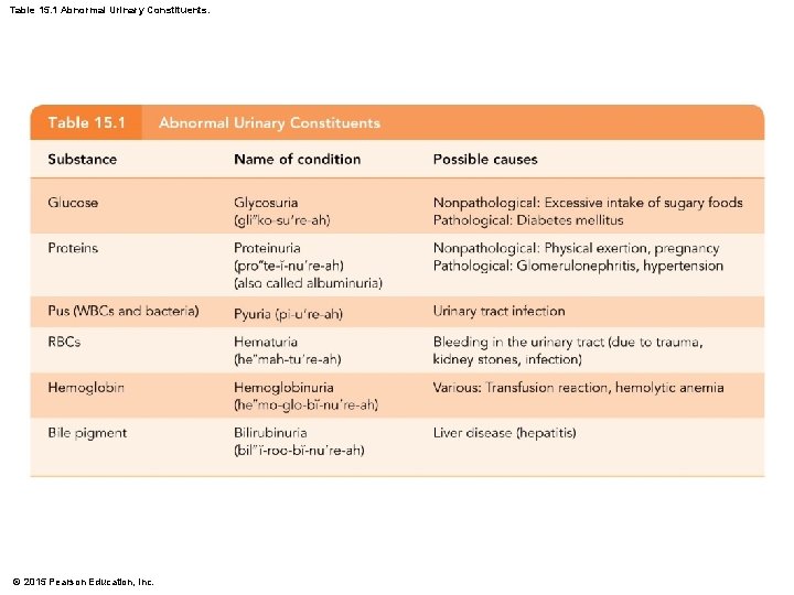 Table 15. 1 Abnormal Urinary Constituents. © 2015 Pearson Education, Inc. 