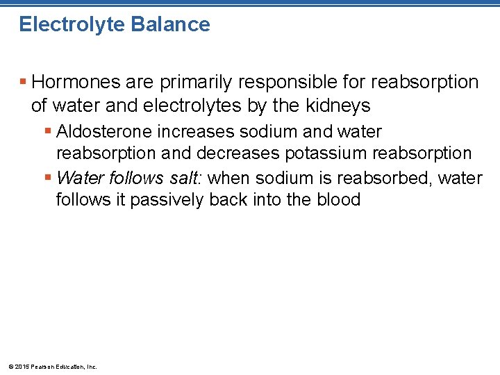 Electrolyte Balance § Hormones are primarily responsible for reabsorption of water and electrolytes by