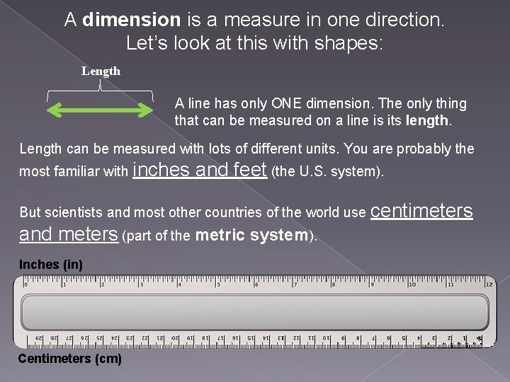 A dimension is a measure in one direction. Let’s look at this with shapes: