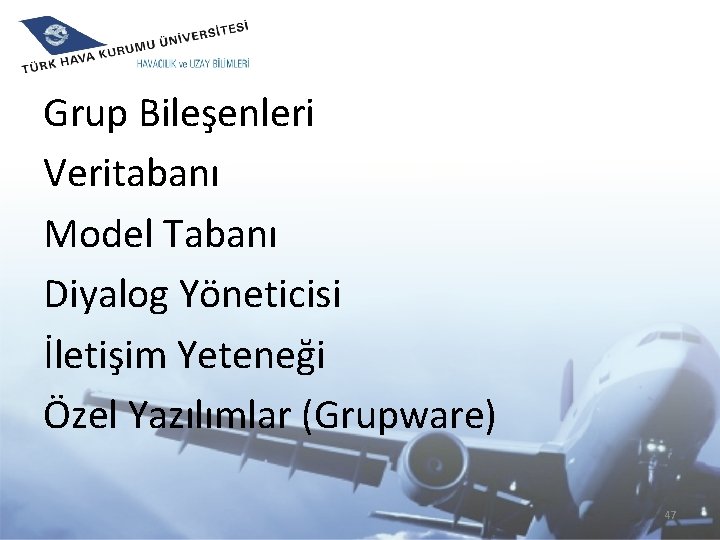 Grup Bileşenleri Veritabanı Model Tabanı Diyalog Yöneticisi İletişim Yeteneği Özel Yazılımlar (Grupware) 47 