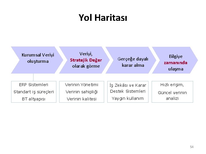 Yol Haritası Kurumsal Veriyi oluşturma Veriyi, Stratejik Değer olarak görme Gerçeğe dayalı karar alma