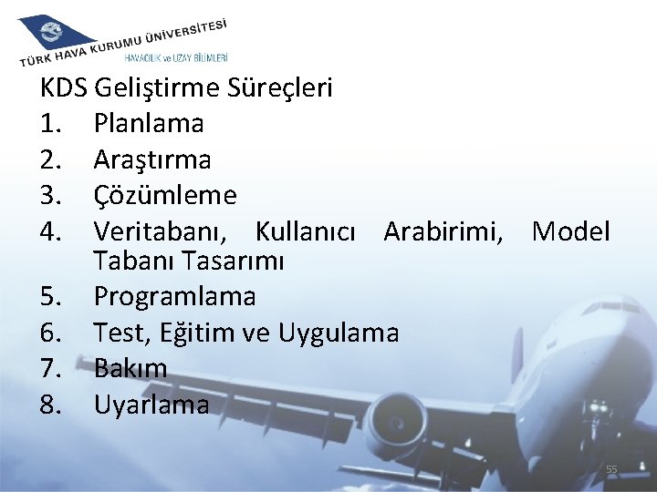 KDS Geliştirme Süreçleri 1. Planlama 2. Araştırma 3. Çözümleme 4. Veritabanı, Kullanıcı Arabirimi, Model