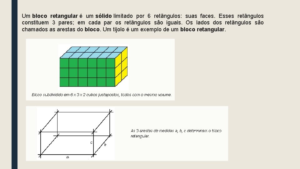 Um bloco retangular é um sólido limitado por 6 retângulos: suas faces. Esses retângulos