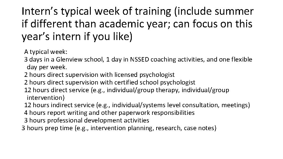 Intern’s typical week of training (include summer if different than academic year; can focus