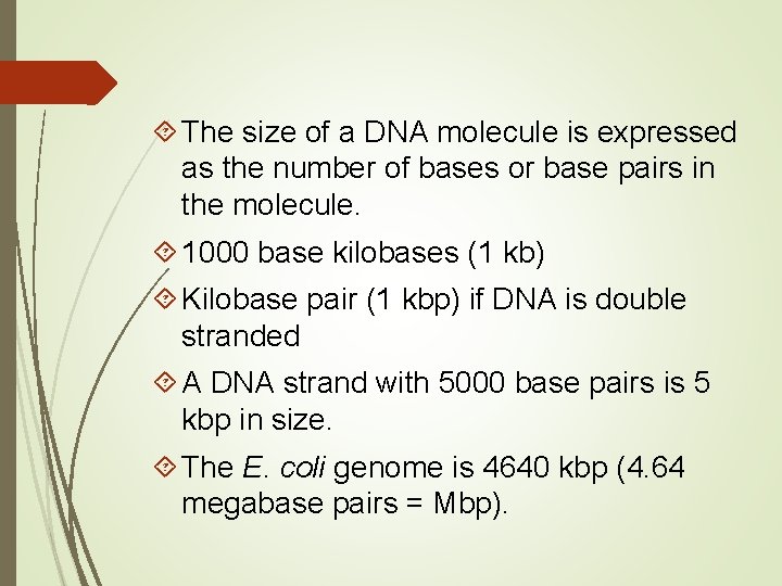  The size of a DNA molecule is expressed as the number of bases