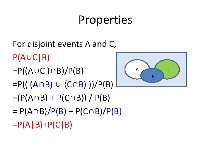 Properties For disjoint events A and C, P(A∪C|B) =P((A∪C )∩B)/P(B) =P(( (A∩B) ∪ (C∩B)