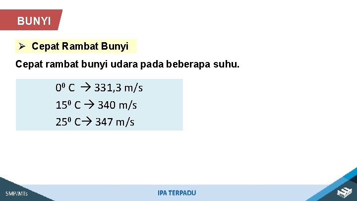 BUNYI Ø Cepat Rambat Bunyi Cepat rambat bunyi udara pada beberapa suhu. 00 C