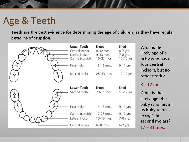 Age & Teeth are the best evidence for determining the age of children, as