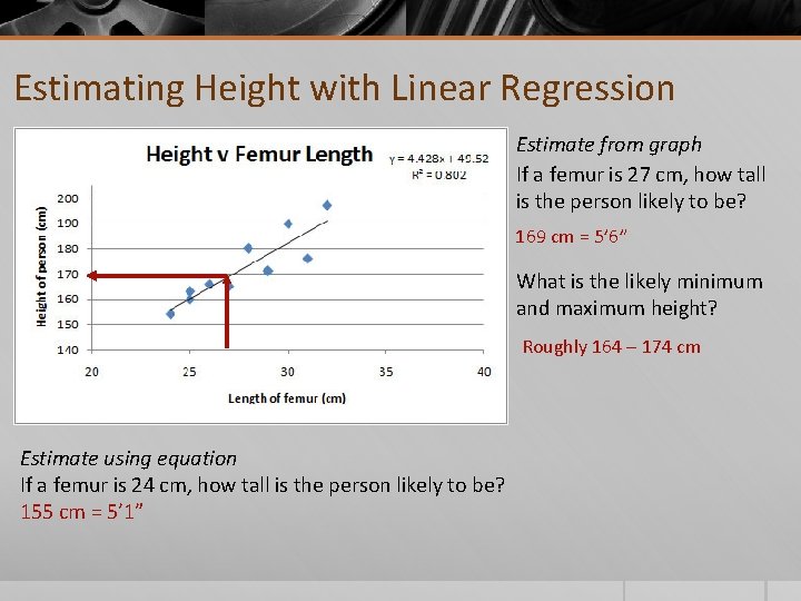 Estimating Height with Linear Regression Estimate from graph If a femur is 27 cm,