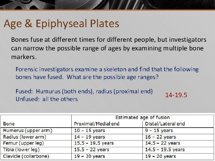 Age & Epiphyseal Plates Bones fuse at different times for different people, but investigators