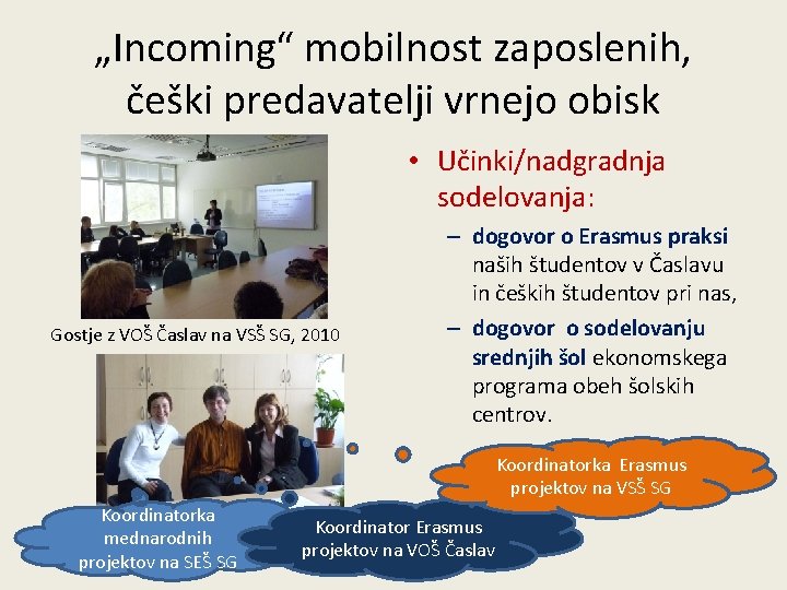 „Incoming“ mobilnost zaposlenih, češki predavatelji vrnejo obisk • Učinki/nadgradnja sodelovanja: Gostje z VOŠ Časlav
