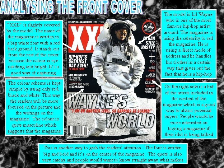 “XXL” is slightly covered by the model. The name of the magazine is written