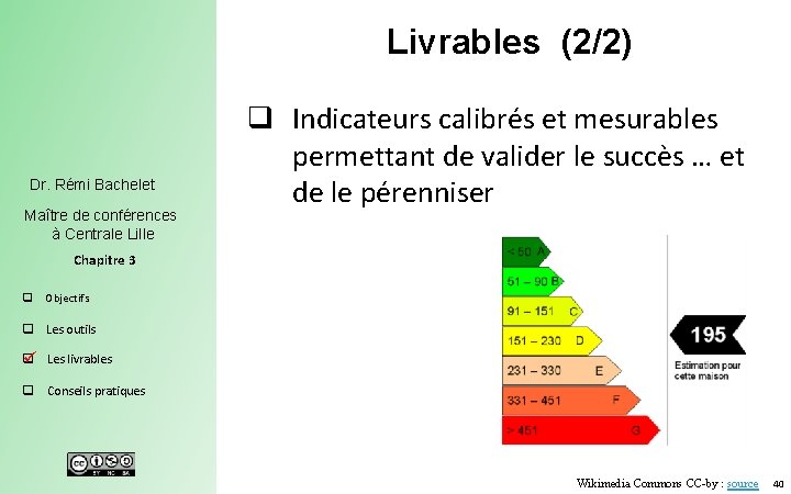 Livrables (2/2) Dr. Rémi Bachelet Maître de conférences à Centrale Lille q Indicateurs calibrés