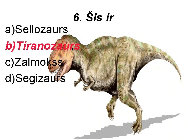 6. Šis ir a)Sellozaurs b)Tiranozaurs c)Zalmokss d)Segizaurs 