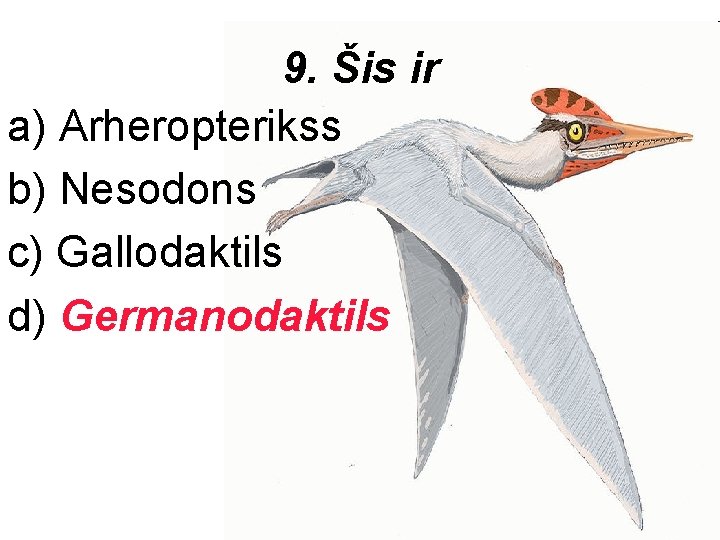 9. Šis ir a) Arheropterikss b) Nesodons c) Gallodaktils d) Germanodaktils 