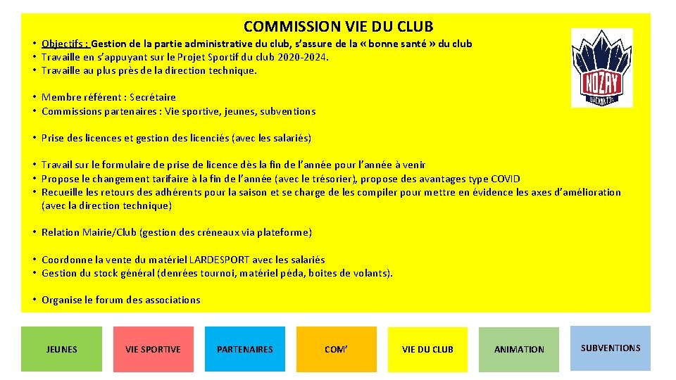 COMMISSION VIE DU CLUB • Objectifs : Gestion de la partie administrative du club,
