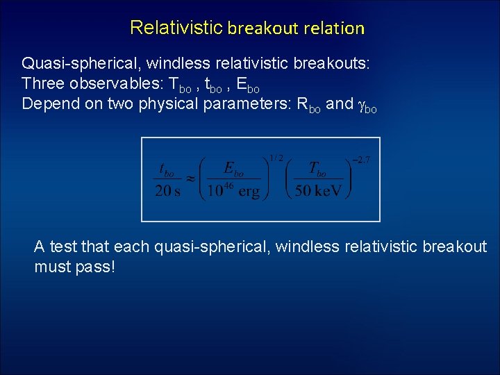 Relativistic breakout relation Quasi-spherical, windless relativistic breakouts: Three observables: Tbo , tbo , Ebo