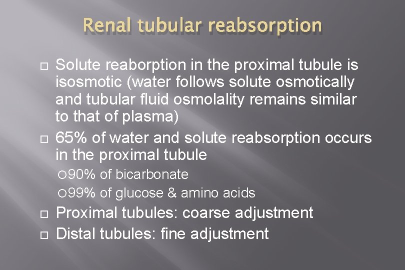 Renal tubular reabsorption Solute reaborption in the proximal tubule is isosmotic (water follows solute