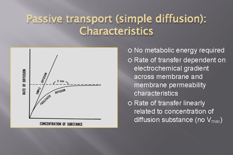 Passive transport (simple diffusion): Characteristics No metabolic energy required Rate of transfer dependent on