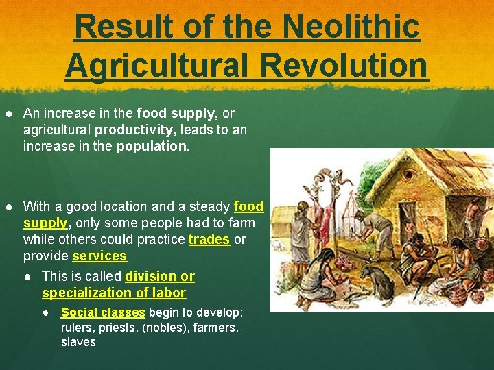 Result of the Neolithic Agricultural Revolution ● An increase in the food supply, or