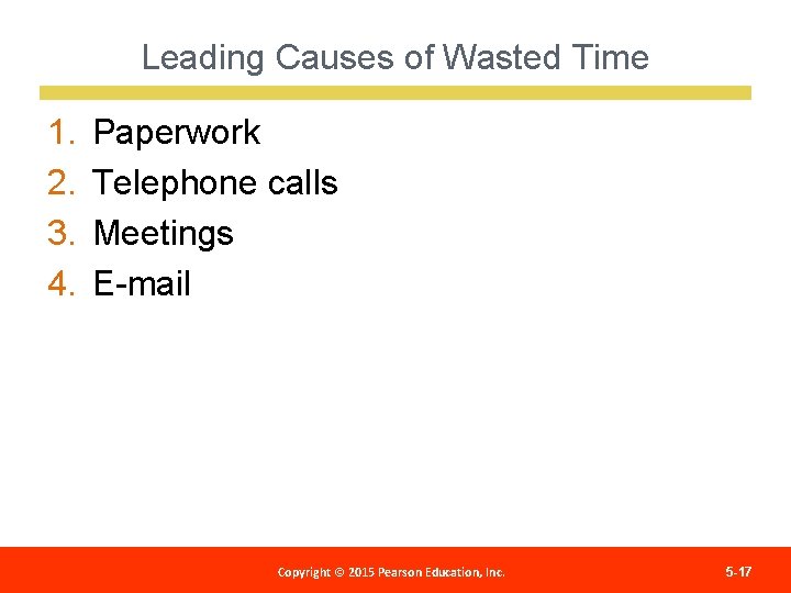 Leading Causes of Wasted Time 1. 2. 3. 4. Paperwork Telephone calls Meetings E-mail