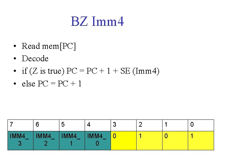 BZ Imm 4 • • Read mem[PC] Decode if (Z is true) PC =
