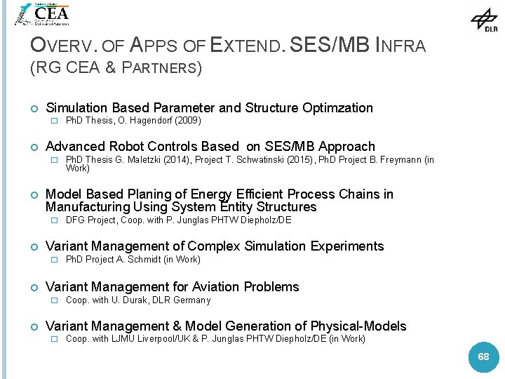 OVERV. OF APPS OF EXTEND. SES/MB INFRA (RG CEA & PARTNERS) Simulation Based Parameter